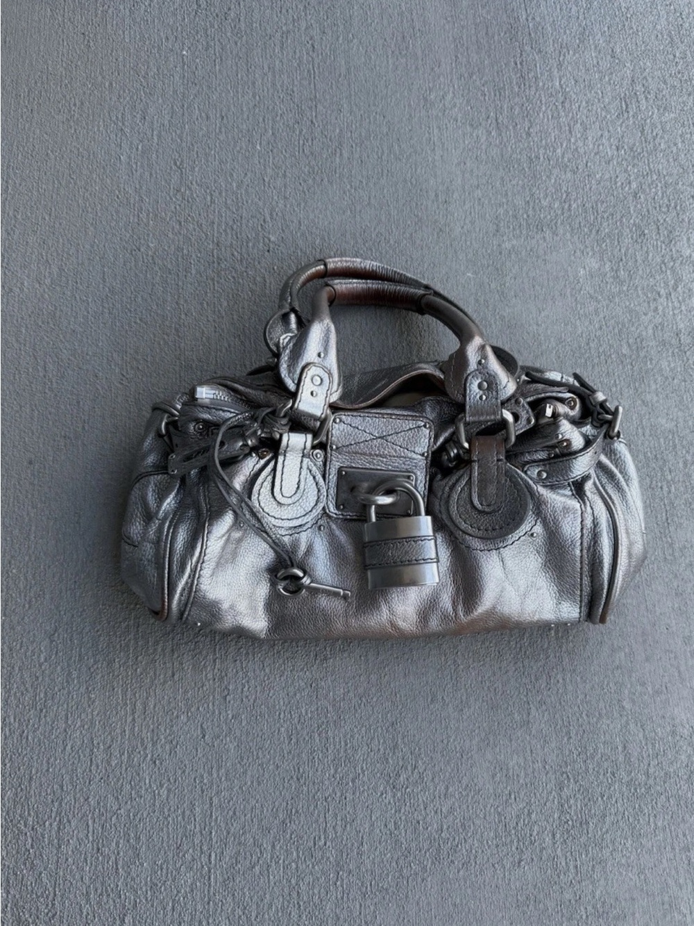Metallic Silver Shoulder Satchel with Padlock Accent